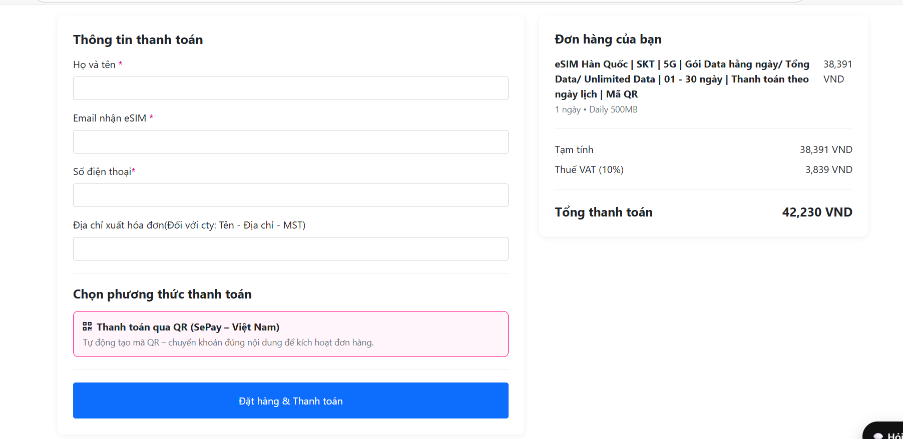 Thanh toán gói eSIM