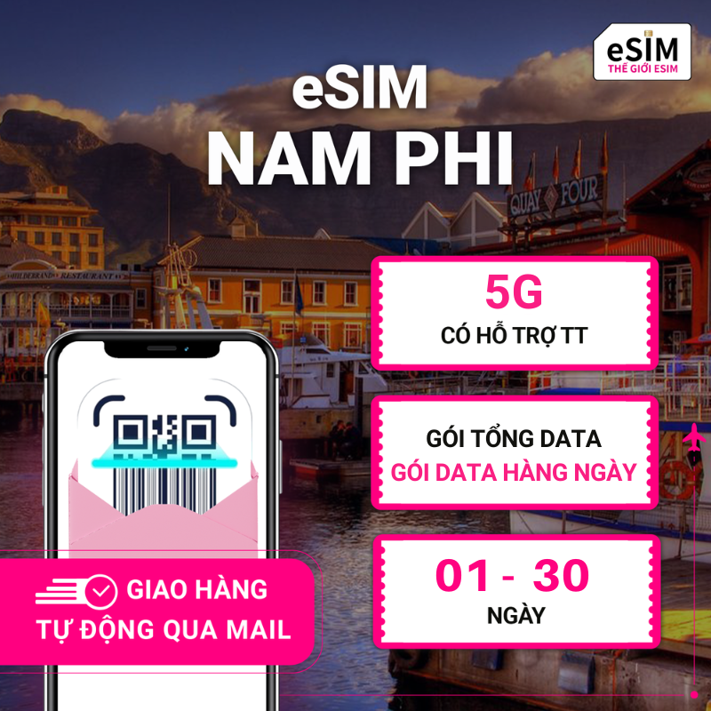 eSIM Nam Phi | Vodacom South Africa/ Telkom SA | 5G | Gói Data hằng ngày/ Tổng Data 500MB - 30GB | 01 - 30 ngày | Mã QR