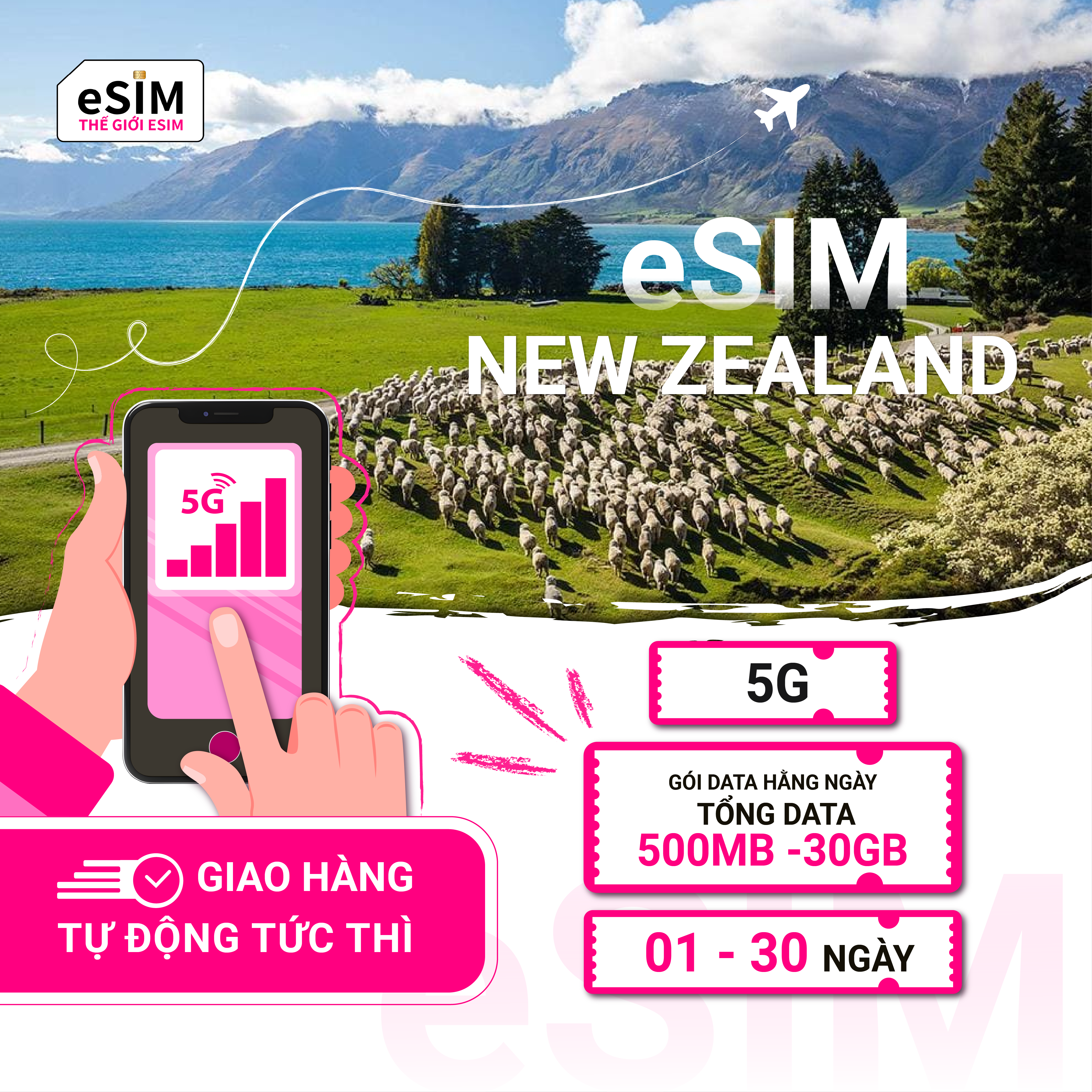 eSIM New Zealand | Vodafone | 5G | Gói Data hằng ngày/ Tổng Data 500MB - 30GB | 01 - 30 ngày | Thanh toán theo ngày lịch | Mã QR