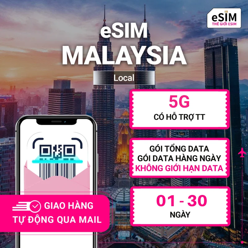 eSIM Malaysia(Local) | UMobile | 5G | Gói Data hằng ngày/ Tổng Data/ Unlimited Data | 01 - 30 ngày | Mã QR