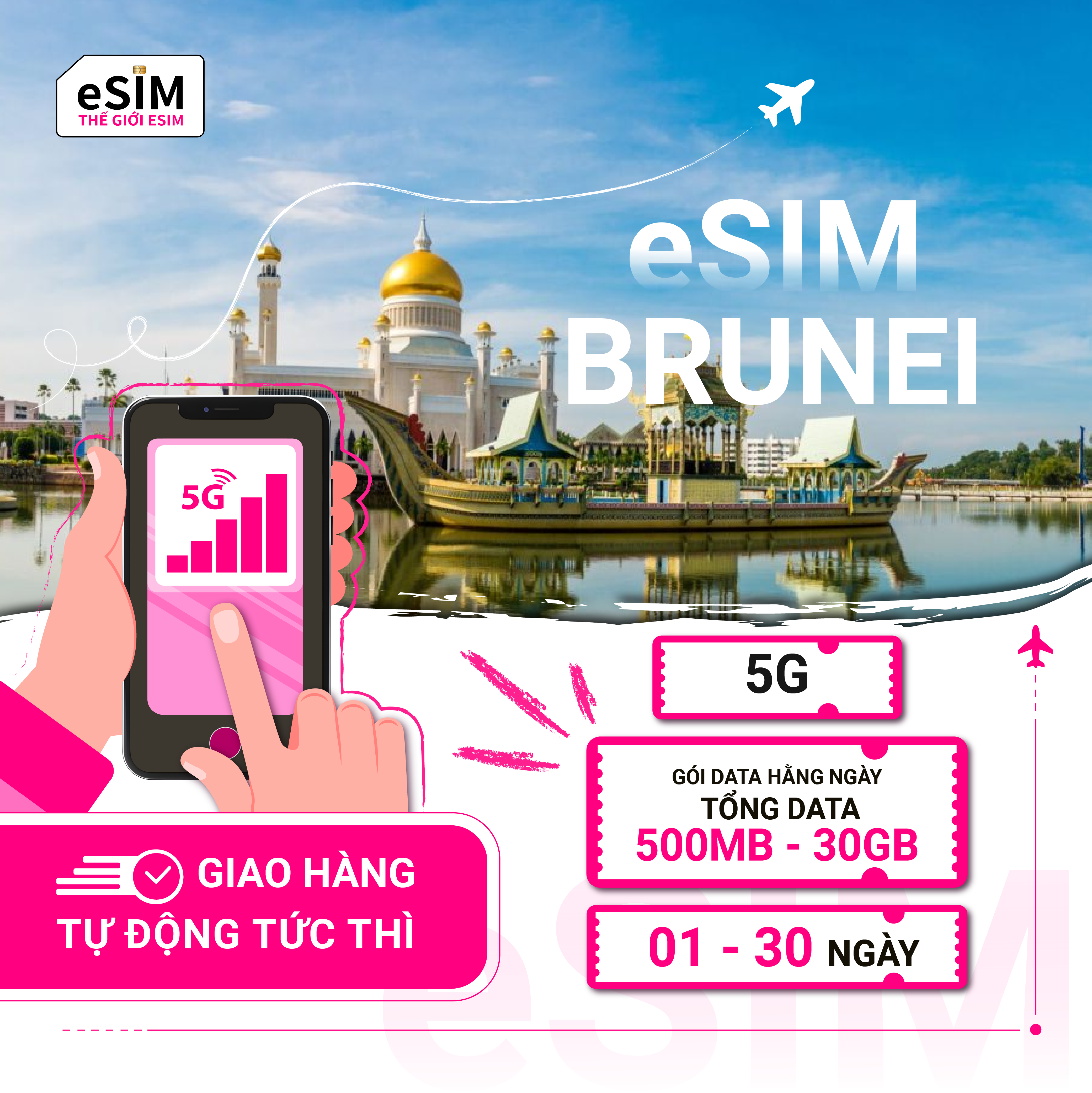 eSIM Brunei | DST | 5G | Gói Data hằng ngày/ Tổng Data 500MB - 30GB | 01 - 30 ngày | Thanh toán theo ngày lịch | Mã QR