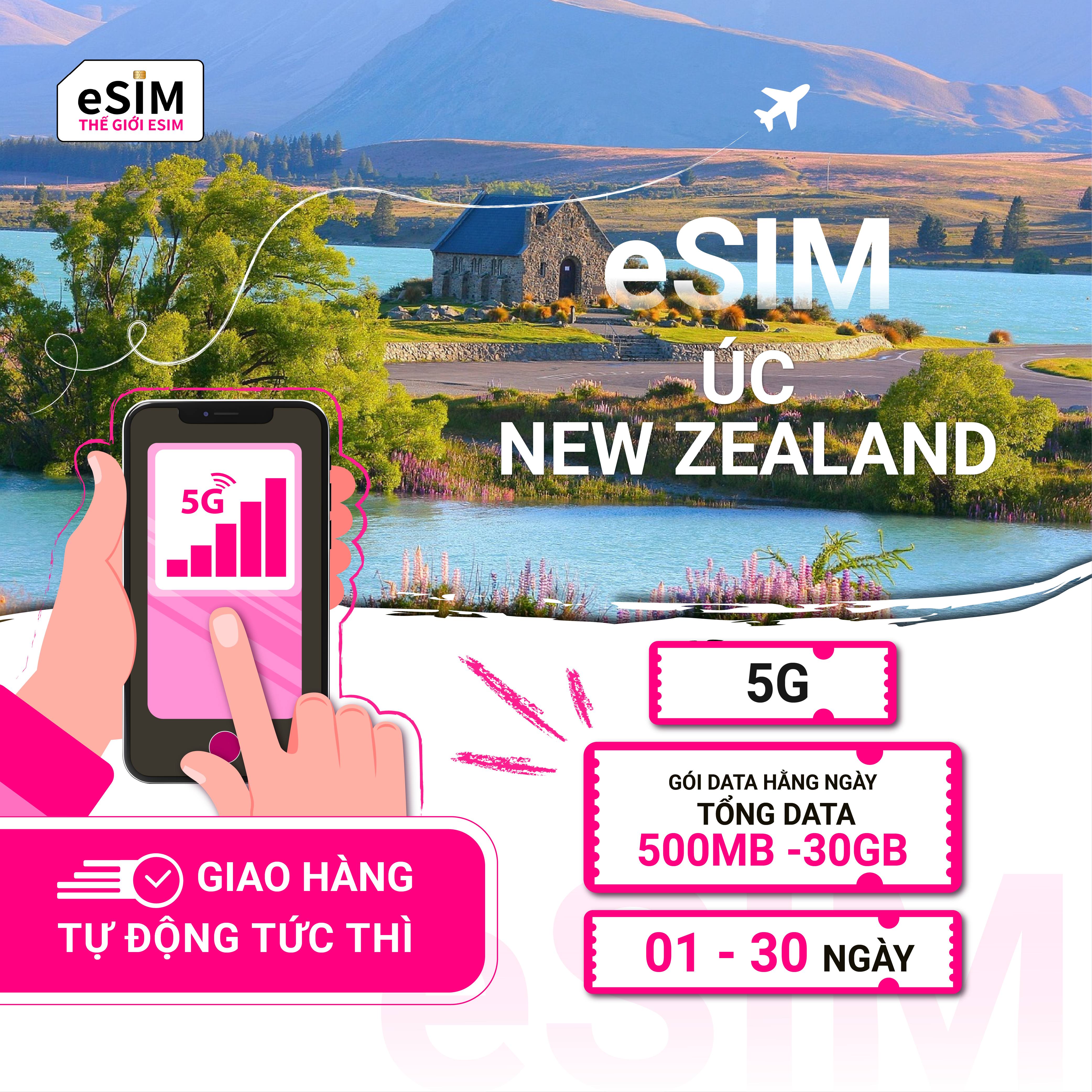 eSIM Úc và New Zealand | Optus/ Vodafone | 5G | Gói Data hằng ngày/ Tổng Data 500MB - 30GB | 01 - 30 ngày | Thanh toán theo ngày lịch | Mã QR