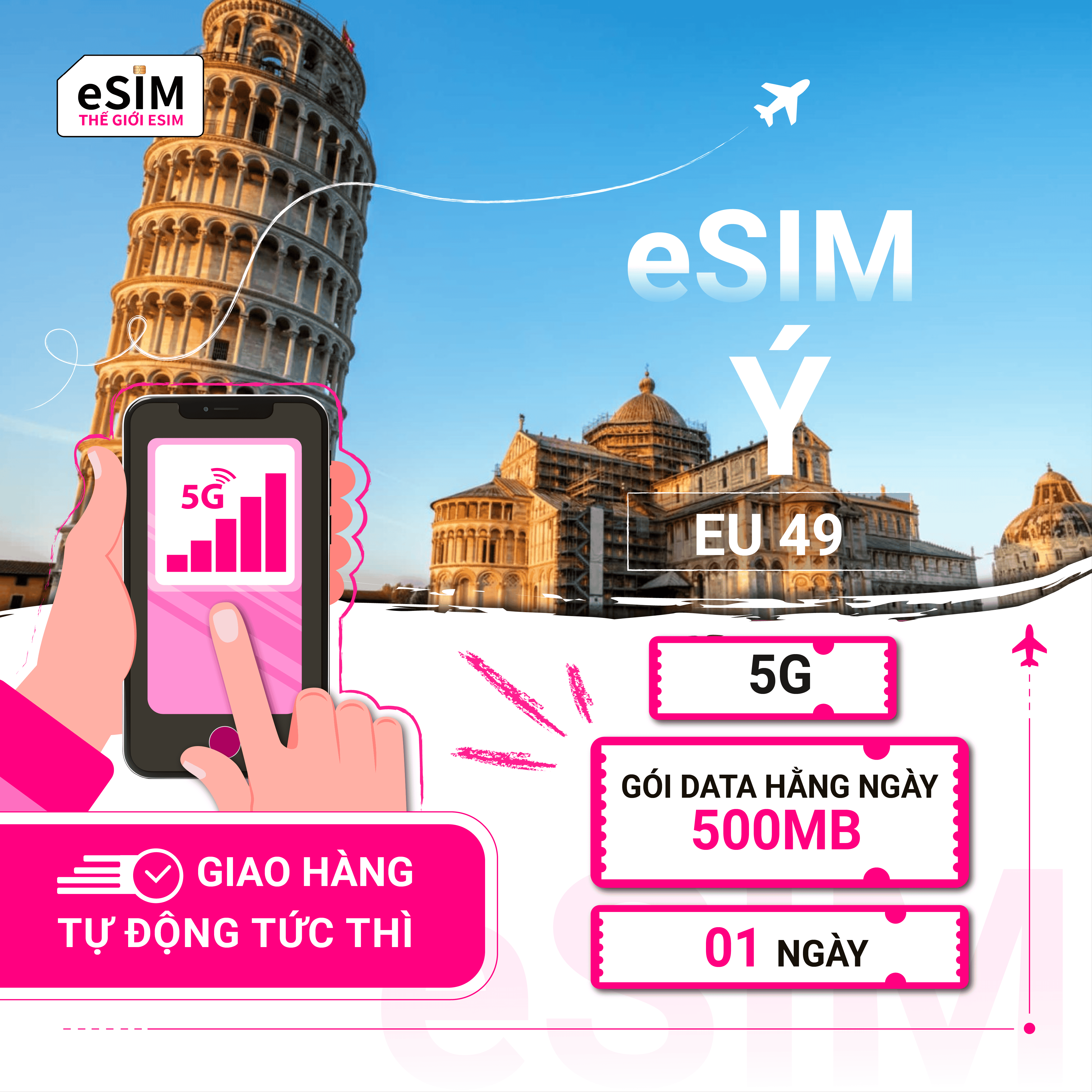 eSIM (EU 49) Ý | Wind Italy/ Vodafone Italy | 5G | Gói Data Hằng ngày 500MB | 01 ngày | Thanh toán theo ngày lịch | Mã QR