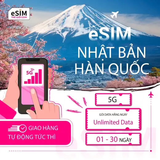 eSIM Nhật Bản - Hàn Quốc | KDDI - SKT | 5G | Gói Data hằng ngày/Unlimited Data | 01 - 30 ngày | Thanh toán theo ngày lịch | Mã QR