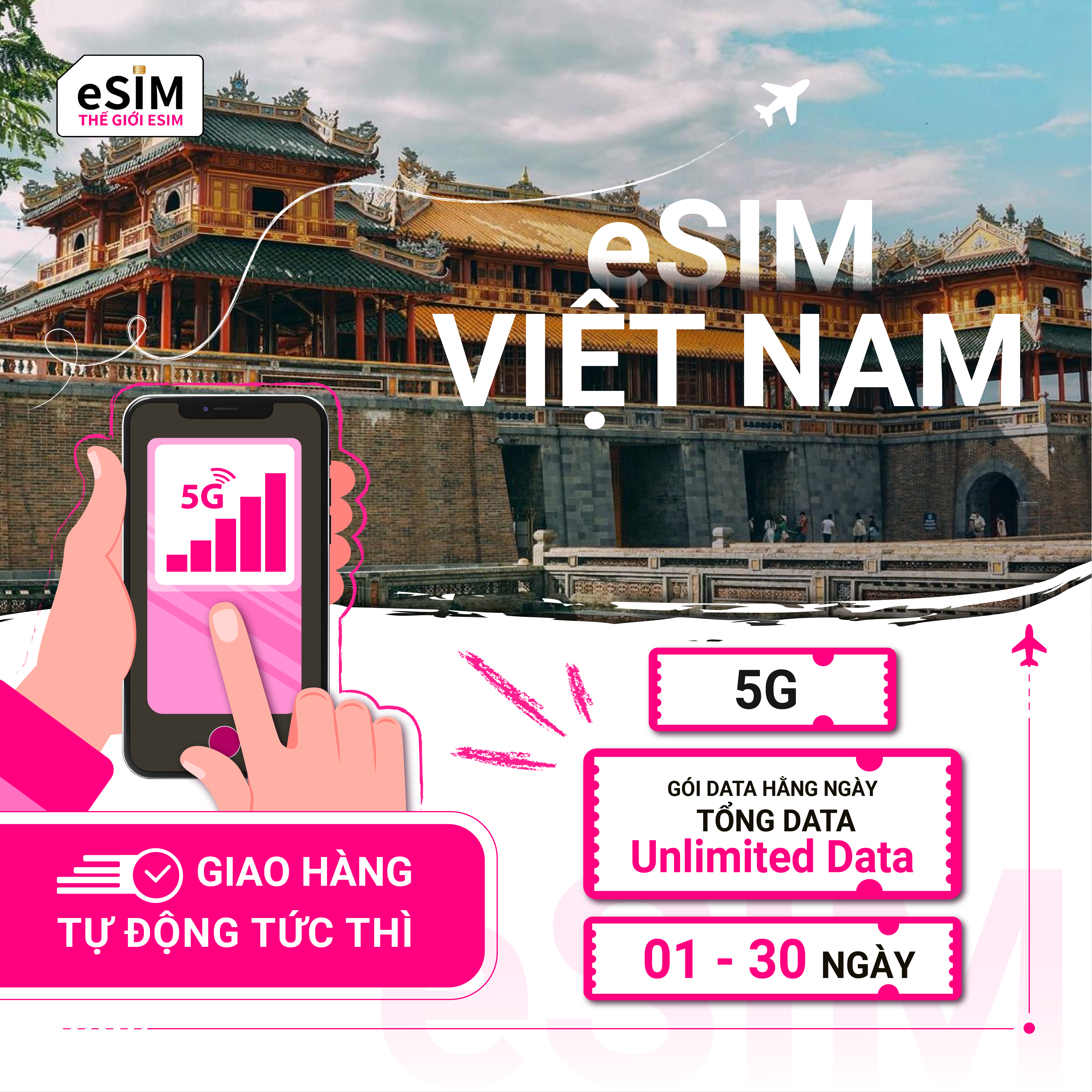 eSIM Việt Nam (Local) | Vinaphone | 5G | Gói Data hằng ngày/ Tổng Data/ Unlimited Data | 01 - 30 ngày | Thanh toán theo ngày lịch | Mã QR