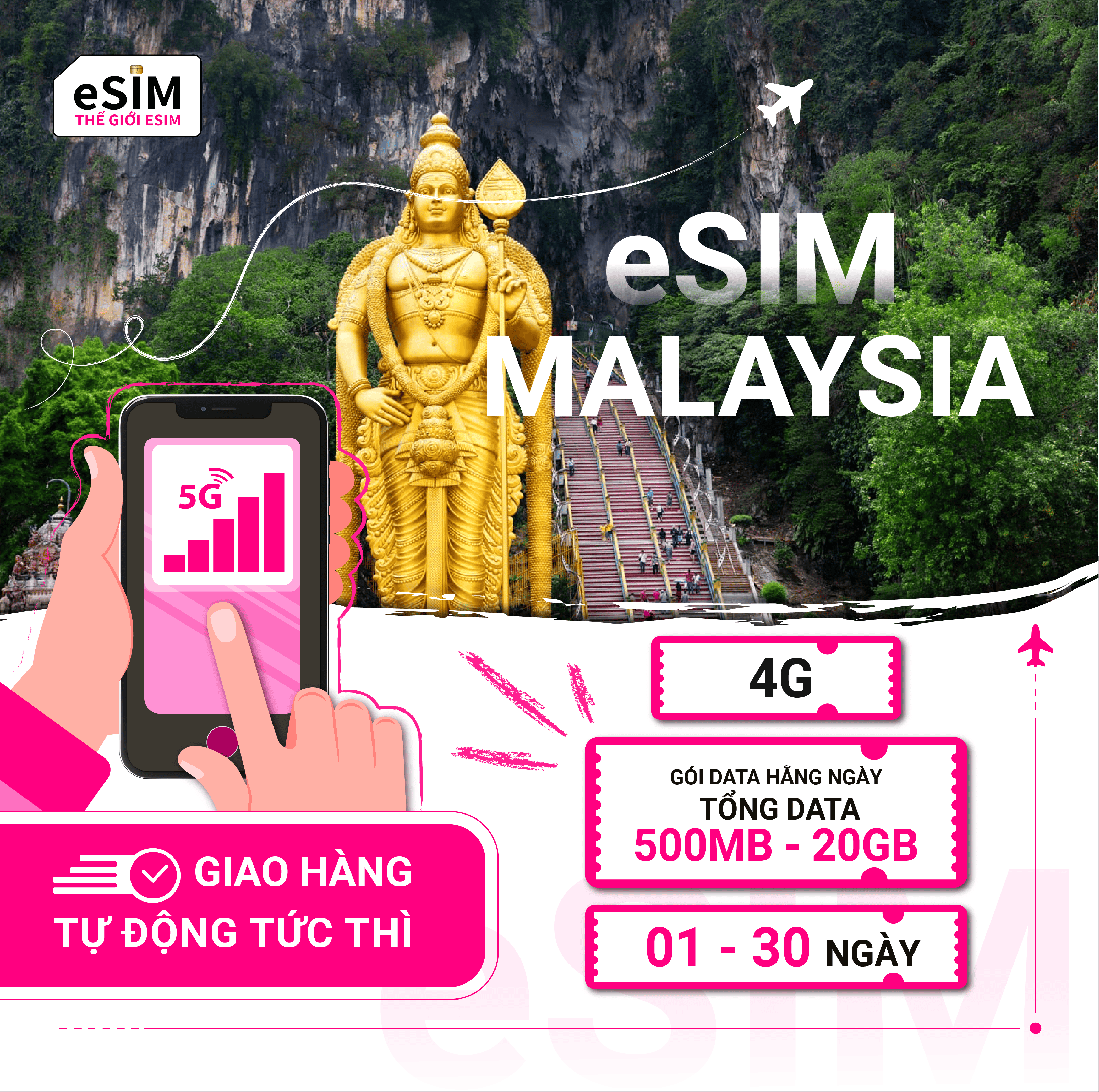 eSIM Malaysia | Maxis | 4G | Gói Data hằng ngày/ Tổng Data 500MB - 20GB | 01 - 30 ngày | Thanh toán theo ngày lịch | Mã QR