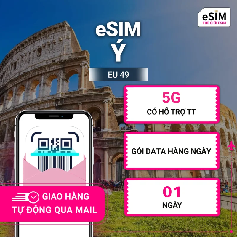 eSIM (EU 49) Ý | Vodafone Italy | 5G | Gói Data Hằng ngày 500MB | 01 ngày | Mã QR