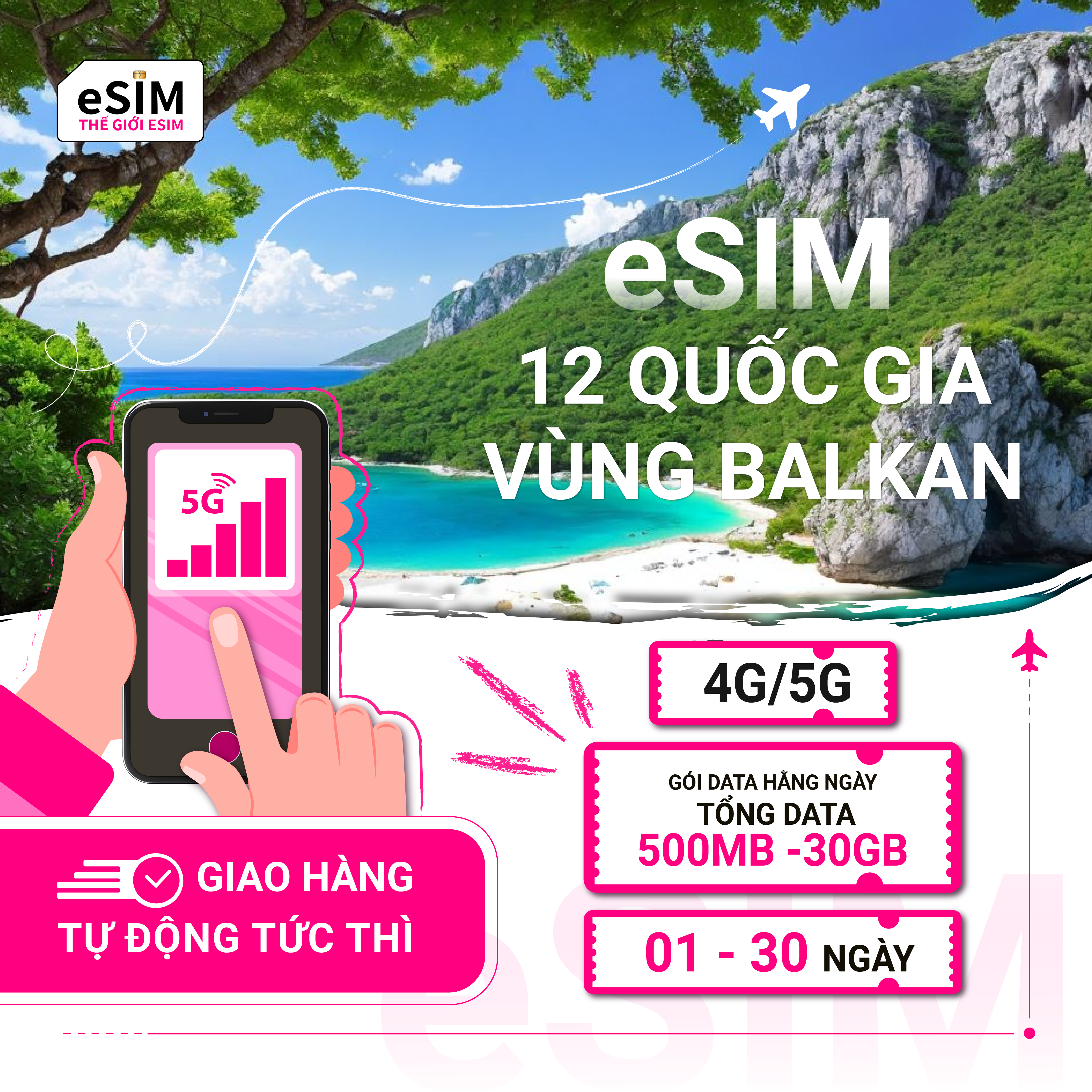 eSIM 12 quốc gia vùng Balkan | 4G/ 5G | Gói Data Hằng ngày/ Tổng Data 500MB - 30GB | 01 - 30 ngày | Thanh toán theo ngày lịch | Mã QR