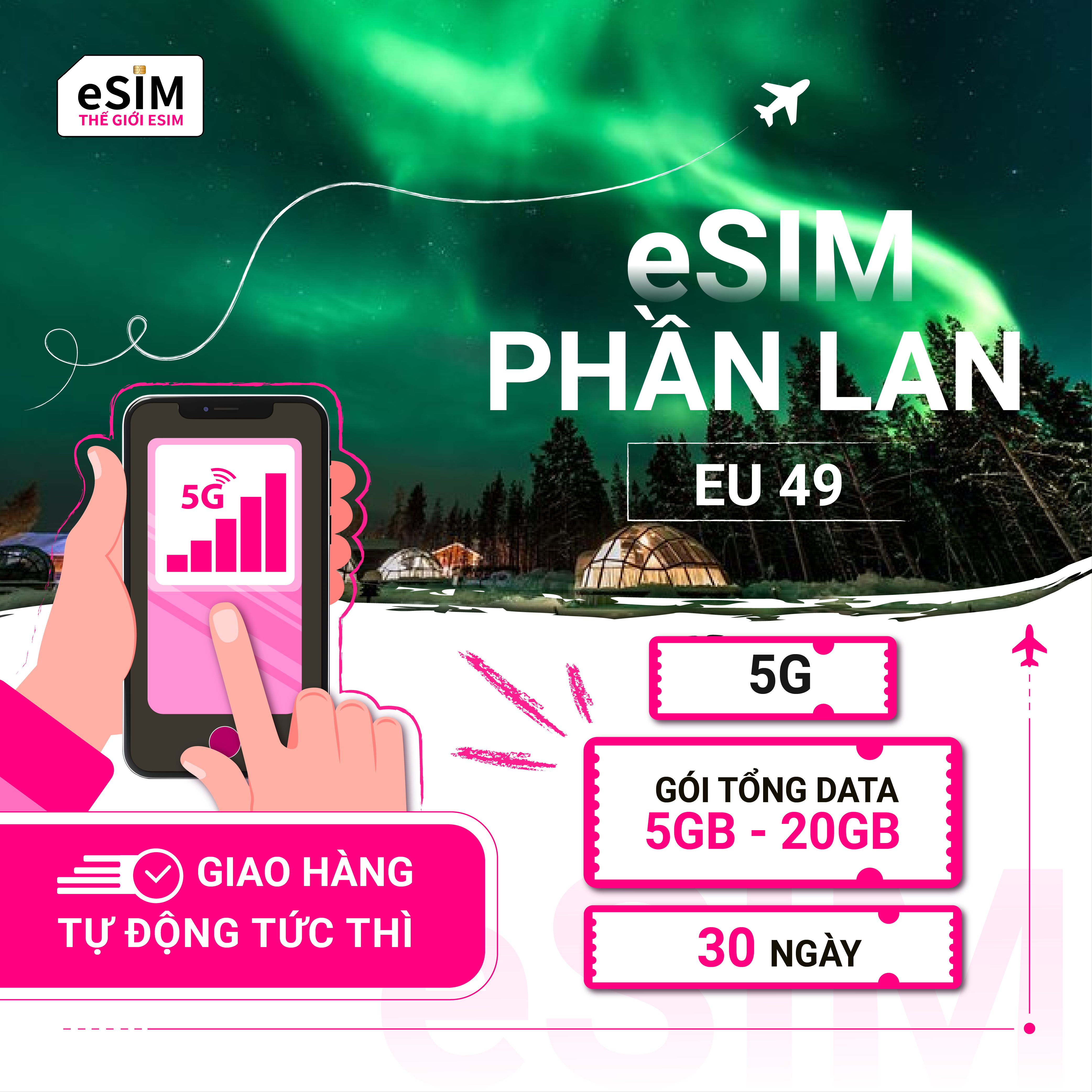 eSIM (EU 49) Phần Lan | Elisa Finland/ DNA Finland/ Telia Finland | 5G | Gói Tổng Data 5GB - 20GB | 30 ngày | Thanh toán theo ngày lịch | Mã QR