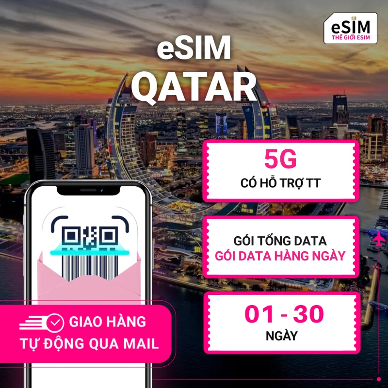 eSIM Qatar | Ooredoo Qatar | 5G | Gói Data hằng ngày/ Tổng Data 500MB - 30GB | 01 - 30 ngày | Mã QR