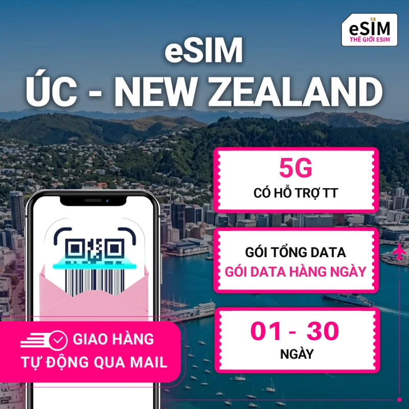 eSIM Úc và New Zealand | Optus/Spark | 5G | Gói Data hằng ngày/ Tổng Data 500MB - 30GB | 01 - 30 ngày | Mã QR