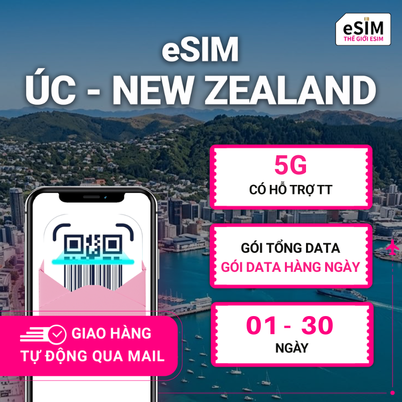 eSIM Úc và New Zealand | Optus/Spark | 5G | Gói Data hằng ngày/ Tổng Data 500MB - 30GB | 01 - 30 ngày | Mã QR