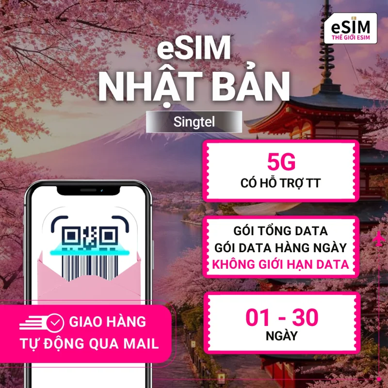 eSIM Nhật Bản (Singtel) | KDDI/ Softbank | 5G | Gói Data hằng ngày/ Tổng Data/ Không giới hạn Data | 01 - 30 ngày | Mã QR