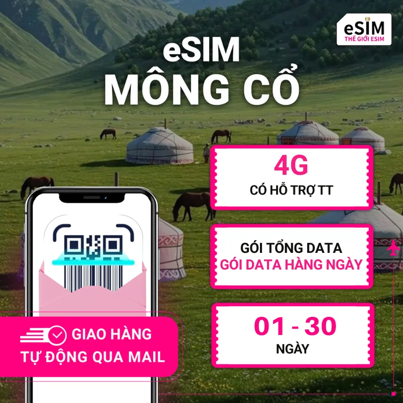 eSIM Mông Cổ | MobiCom Corporation | 4G | Gói Data hằng ngày/ Tổng Data 500MB - 30GB | 01 - 30 ngày | Mã QR