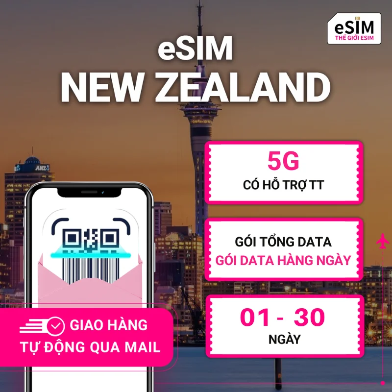 eSIM New Zealand | Vodafone | 5G | Gói Data hằng ngày/ Tổng Data 500MB - 30GB | 01 - 30 ngày | Mã QR