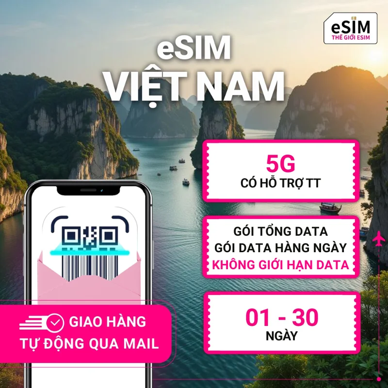 eSIM Việt Nam | Vinaphone/ Viettel | 5G | Gói Data hằng ngày/ Tổng Data/ Không giới hạn Data | 01 - 30 ngày | Mã QR