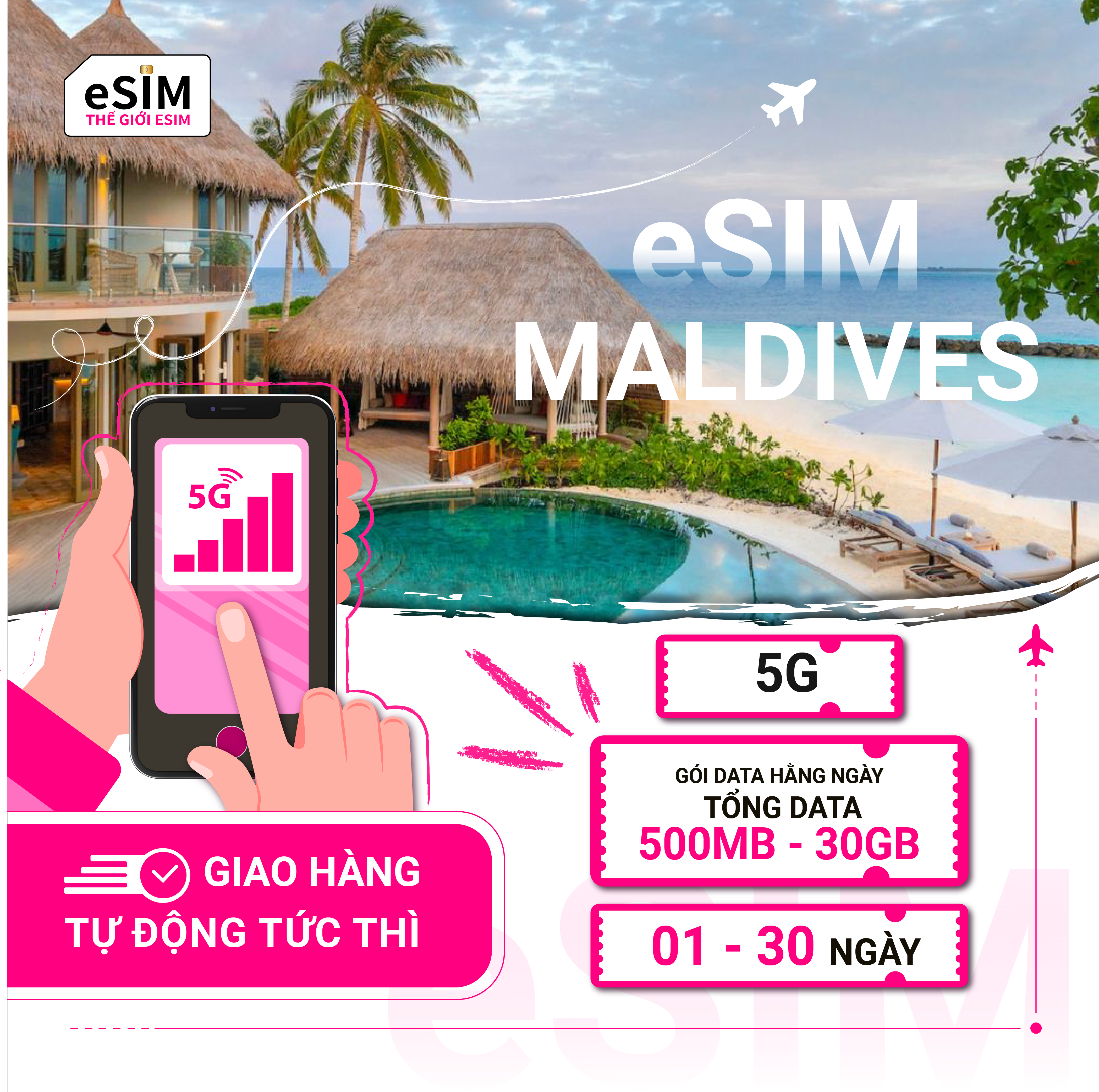 eSIM Maldives | DhiMobile | 5G | Gói Data hằng ngày/ Tổng Data 500MB - 30GB | 01 - 30 ngày | Thanh toán theo ngày lịch | Mã QR