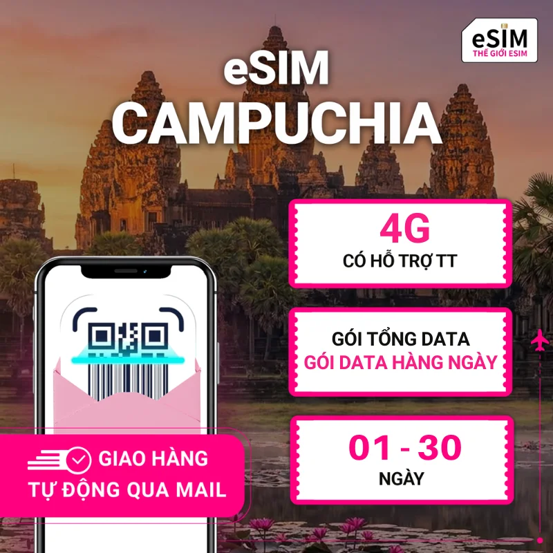 eSIM Campuchia | Cell card | 4G | Gói Data hằng ngày/ Tổng Data 500MB - 30GB | 01 - 30 ngày | Mã QR