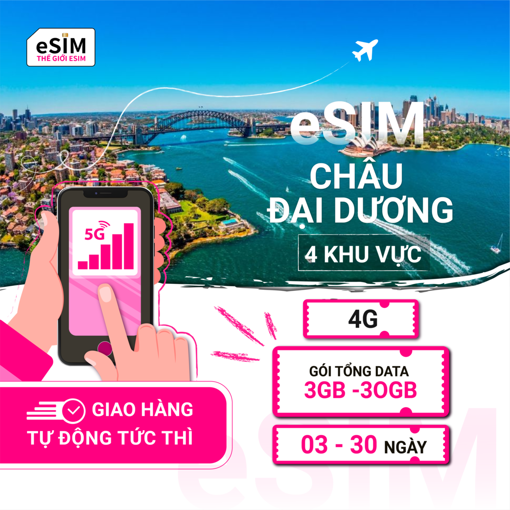 eSIM Châu Đại Dương 4 khu vực | 4G | Gói Tổng Data 3GB - 30GB | 03 - 30 ngày | Mã QR