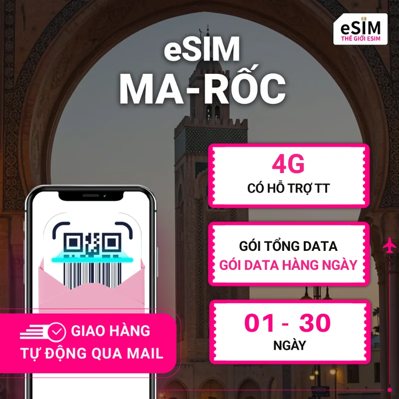 eSIM Ma-rốc | Inwi Morocco | 4G | Gói Data hằng ngày/ Tổng Data 500MB - 30GB | 01 - 30 ngày | Mã QR