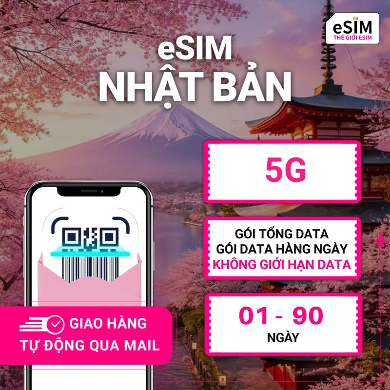 eSIM Nhật Bản | KDDI | 5G | Gói Data hằng ngày/ Tổng Data/ Unlimited Data | 01 - 90 ngày | Mã QR