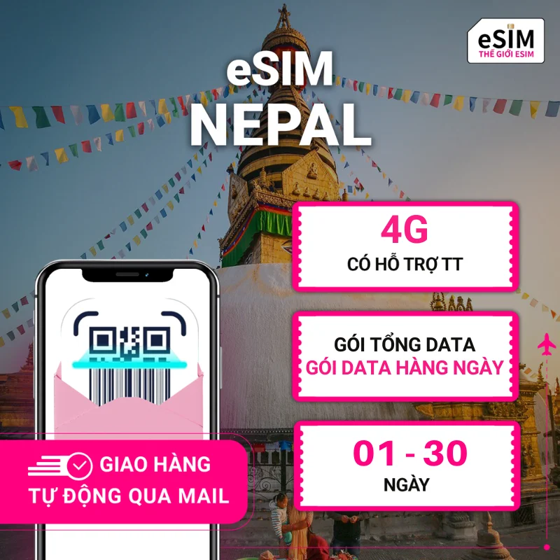 eSIM Nepal | Ncell Nepal | 4G | Gói Data hằng ngày/ Tổng Data 500MB - 30GB | 01 - 30 ngày | Mã QR