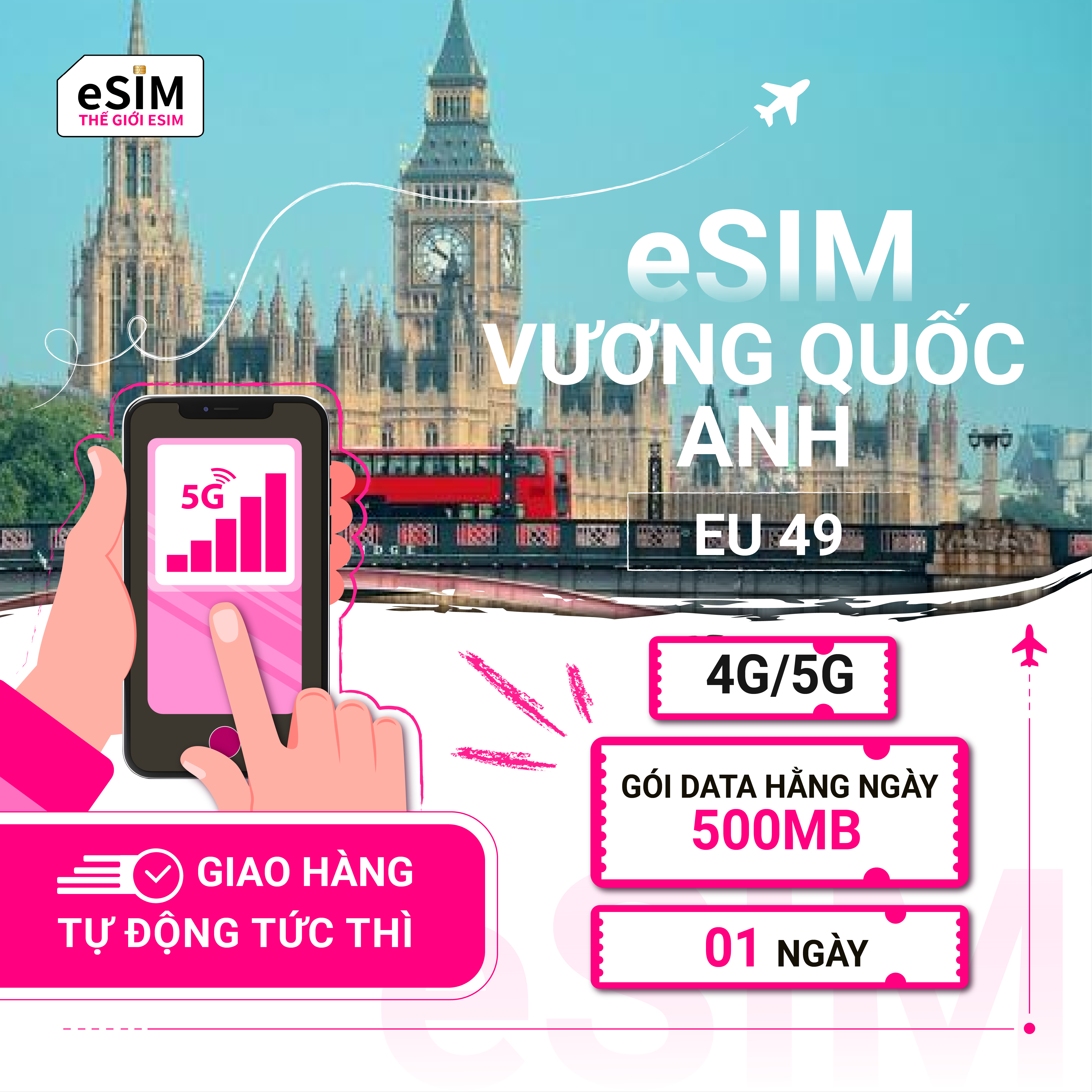 eSIM (EU 49) Vương Quốc Anh | O2 UK/ EE UK | 4G/5G | Gói Data Hằng ngày 500MB | 01 ngày | Thanh toán theo ngày lịch | Mã QR