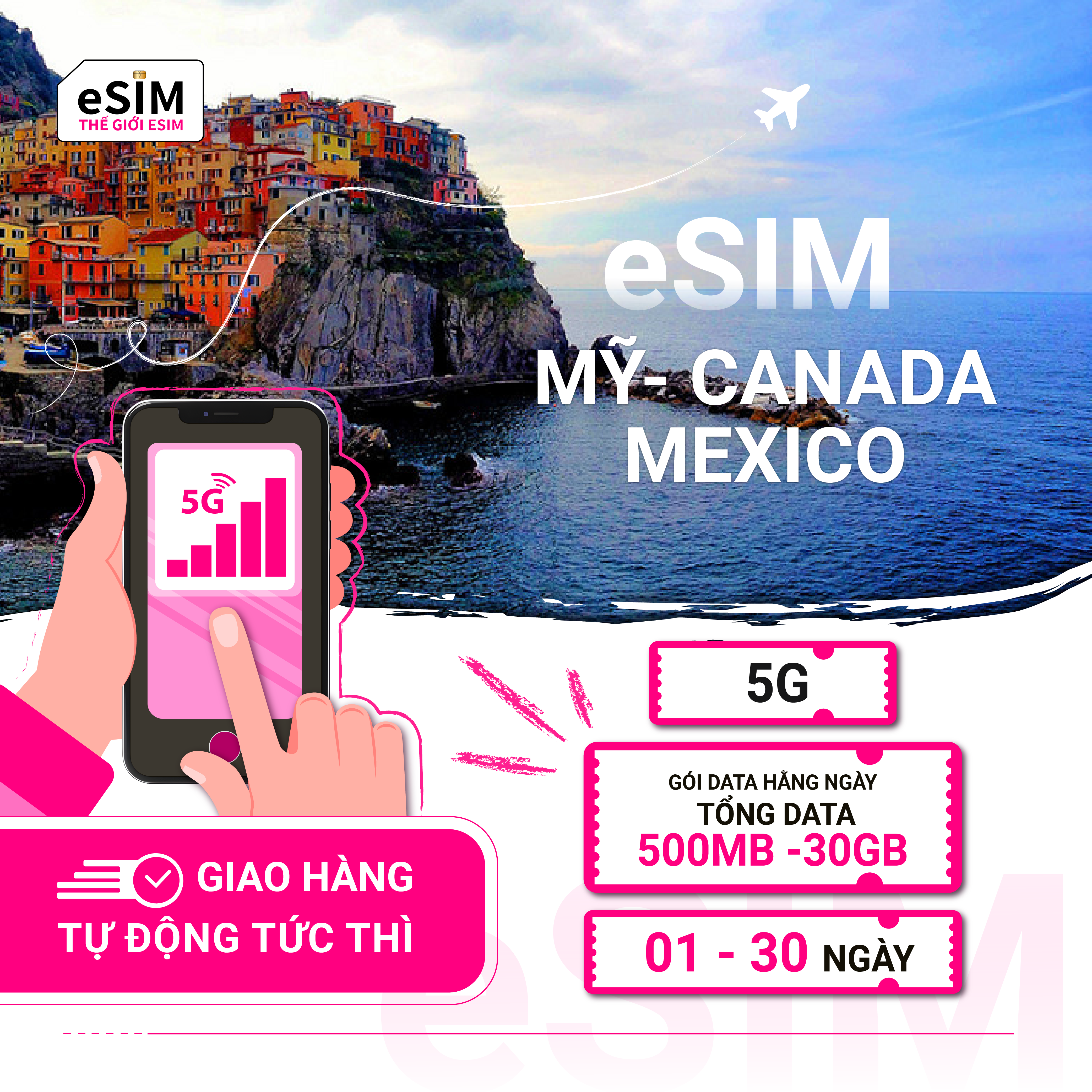 eSIM Mỹ, Canada, Mexico | AT&T USA/ Telus Canada/ Movistar Mexico | 5G | Gói Data hằng ngày/ Tổng Data 500MB - 30GB  | 01 - 30 ngày | Thanh toán theo ngày lịch | Mã QR