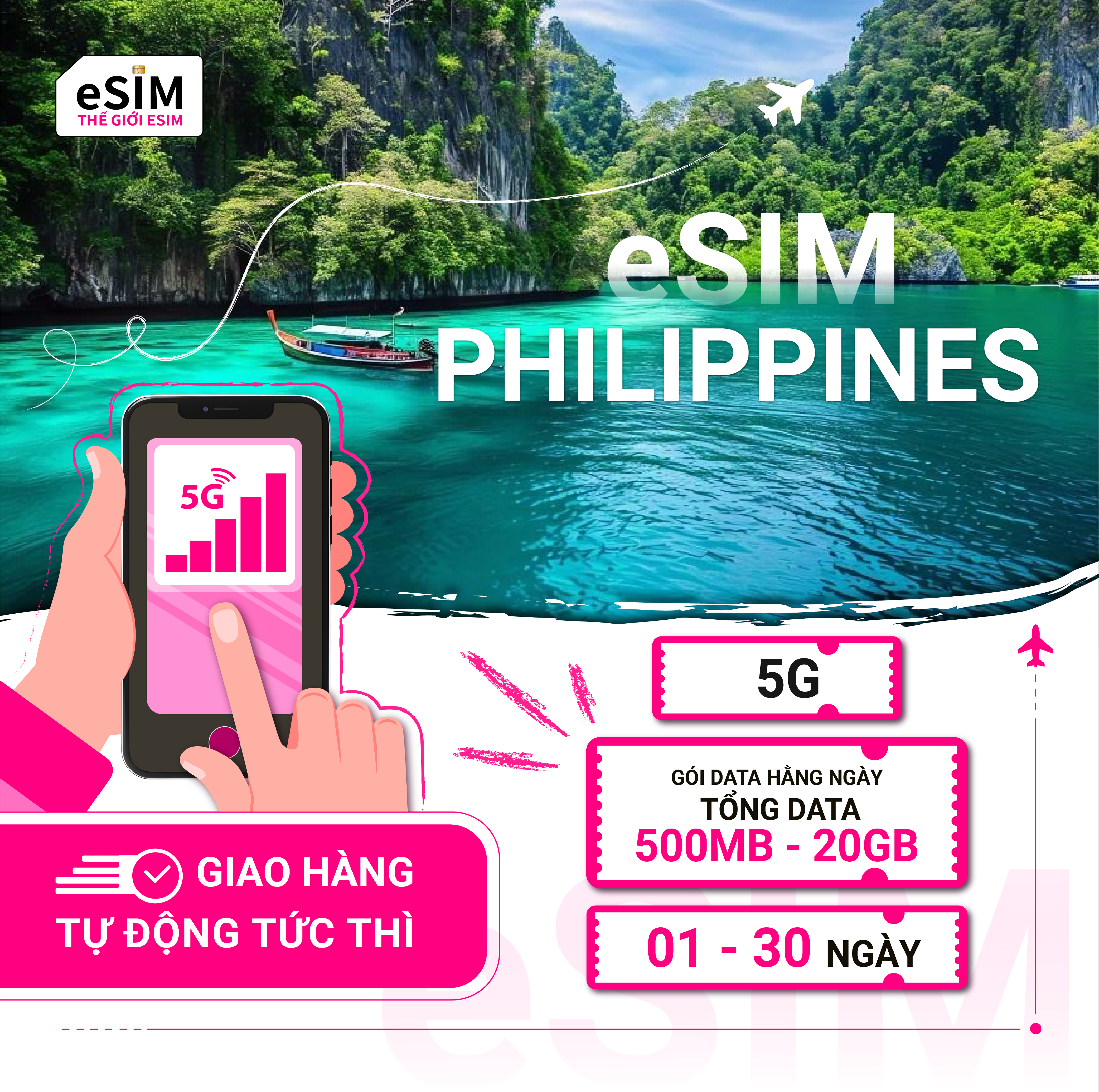 eSIM Philippines | Globe/ Smart | 5G | Gói Data hằng ngày/ Tổng Data 500MB - 20GB | 01 - 30 ngày | Thanh toán theo ngày lịch | Mã QR
