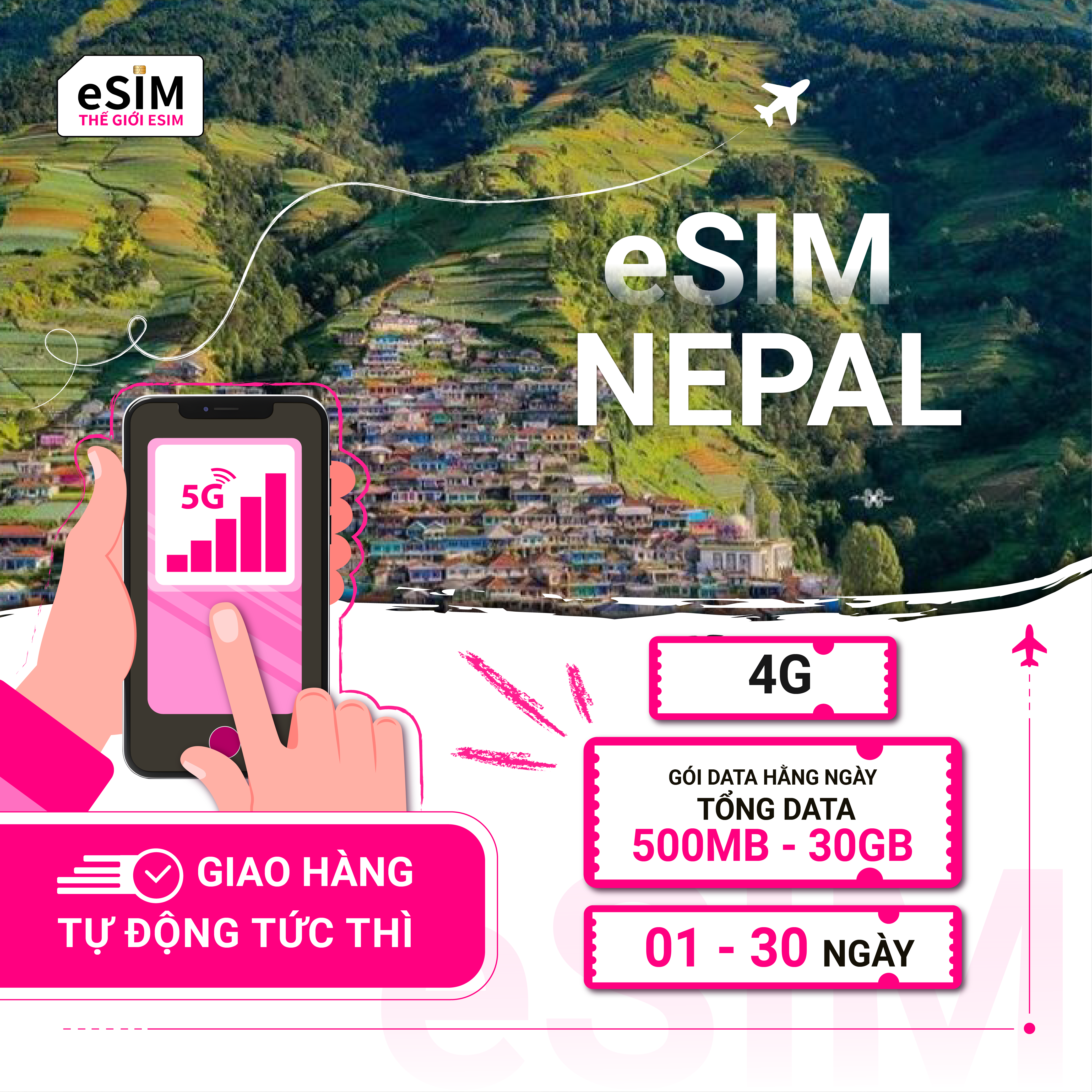 eSIM Nepal | Ncell Nepal | 4G | Gói Data hằng ngày/ Tổng Data 500MB - 30GB | 01 - 30 ngày | Thanh toán theo ngày lịch | Mã QR
