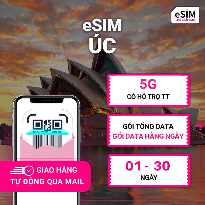 eSIM Úc | Optus Australia | 5G | Gói Data hằng ngày/ Tổng Data 500MB - 30GB | 01 - 30 ngày | Mã QR