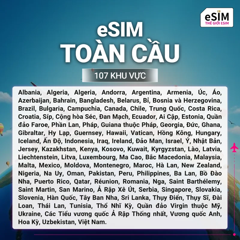 Hình 2 - eSIM eSIM Toàn cầu 107 khu vực | 4G/5G | Gói Data hằng ngày/ Tổng Data 500MB - 30GB | 01 - 60 ngày | Mã QR