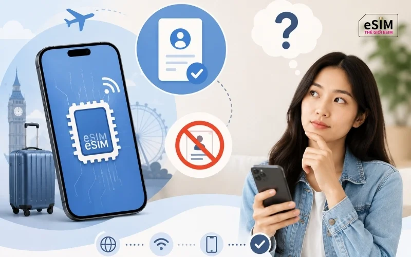 Mua eSIM data du lịch thường kh&ocirc;ng cần CCCD hoặc hộ chiếu, t&ugrave;y quy định của nh&agrave; cung cấp