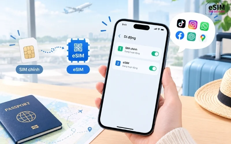 eSIM data d&ugrave;ng song song SIM ch&iacute;nh gi&uacute;p giữ li&ecirc;n lạc OTP v&agrave; tiết kiệm cước internet
