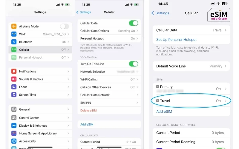 Kiểm tra eSIM ph&aacute;t dữ liệu tr&ecirc;n iPhone dễ d&agrave;ng qua mục Di động trong C&agrave;i đặt