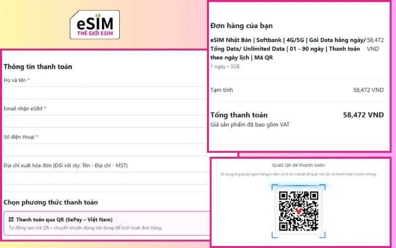 Khi mua eSIM data du lịch, bạn thường chỉ cần th&ocirc;ng tin li&ecirc;n hệ v&agrave; thanh to&aacute;n đơn h&agrave;ng